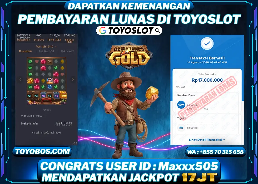 TOYOSLOT - BUKTI KEMENANGAN Gemstones Gold Rp17,000,000,- LUNAS